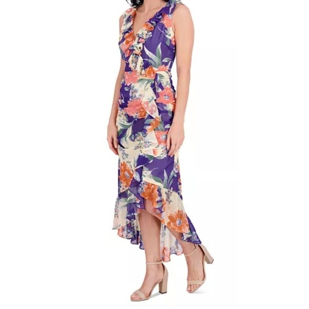 Kensie Women's Printed Ruffled High-Low Maxi Dress Sz 12